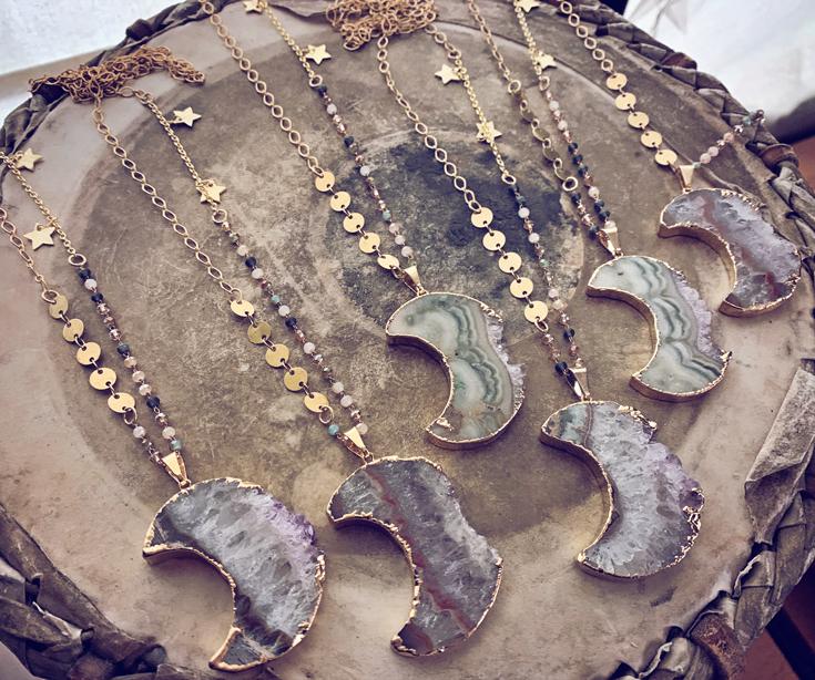 Luna // gold electroplated crescent moon amethyst slice bohemian necklace - Peacock & Lime