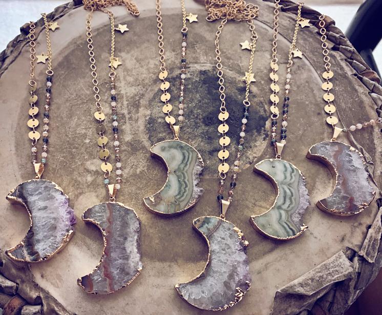 Luna // gold electroplated crescent moon amethyst slice bohemian necklace - Peacock & Lime