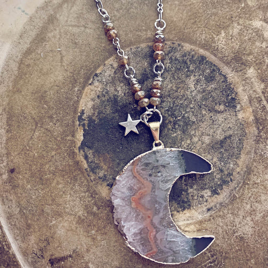 Luna // silver electroplated crescent moon amethyst slice bohemian necklace - Peacock & Lime