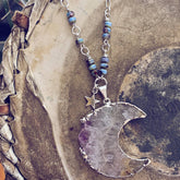 Luna // silver electroplated crescent moon amethyst slice bohemian necklace - Peacock & Lime