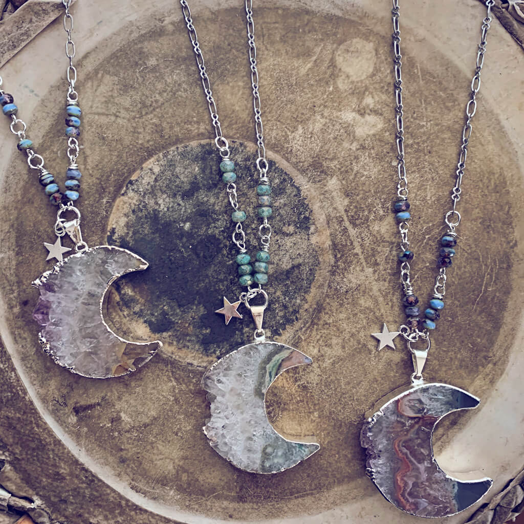 Luna // silver electroplated crescent moon amethyst slice bohemian necklace - Peacock & Lime