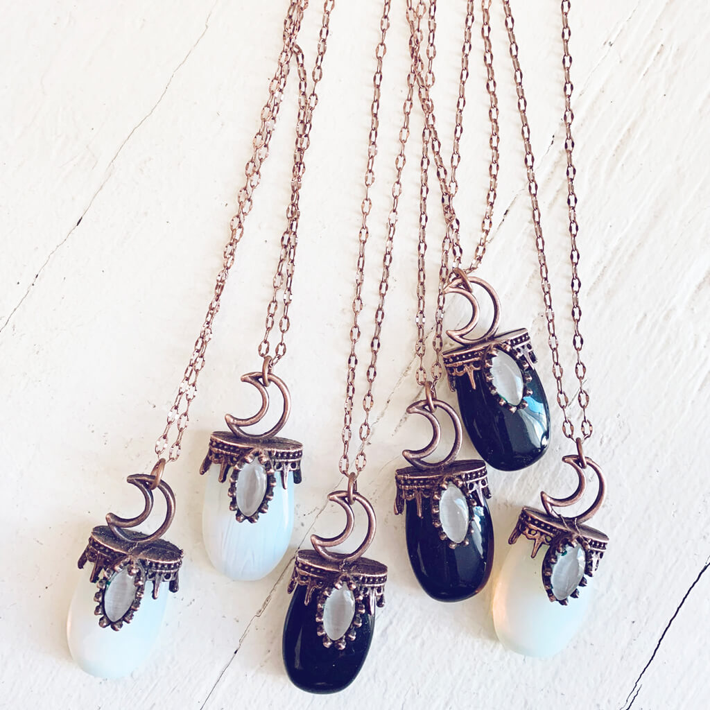 lux ex tenebris // copper electroformed opalite or black agate and crescent moon necklaces by Peacock and Lime