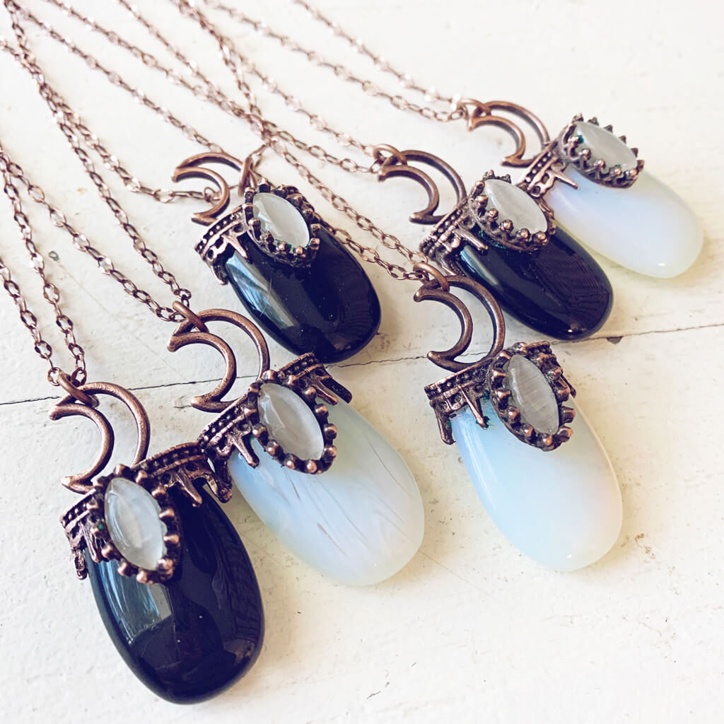 lux ex tenebris // copper electroformed opalite or black agate and crescent moon necklaces by Peacock and Lime