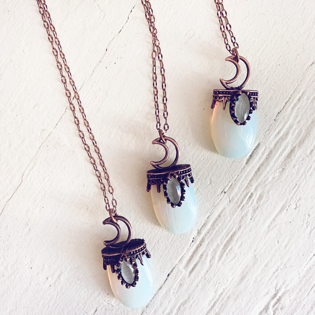 lux ex tenebris // copper electroformed opalite and crescent moon necklaces by Peacock and Lime