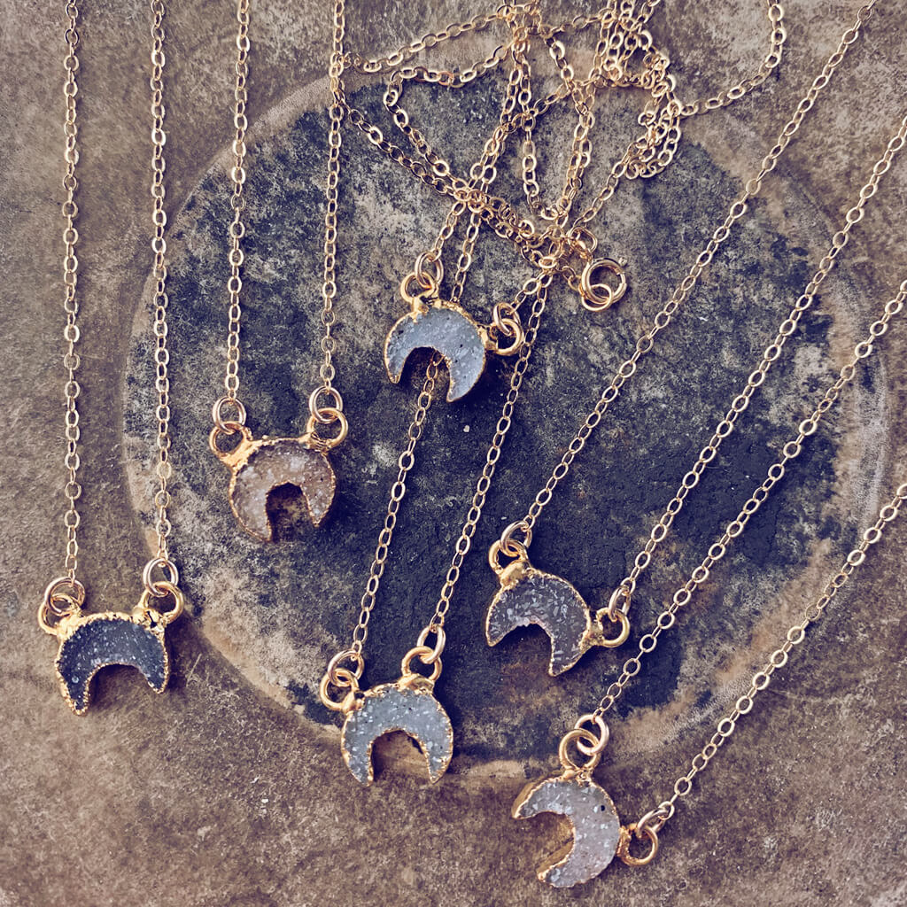 mini Luna // druzy crescent moon necklace - 14kt gold fill - Peacock & Lime