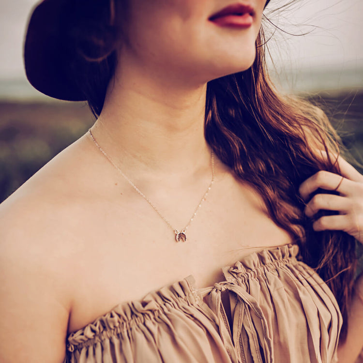 mini Luna // druzy crescent moon sterling silver necklace - worn on model - Peacock & Lime