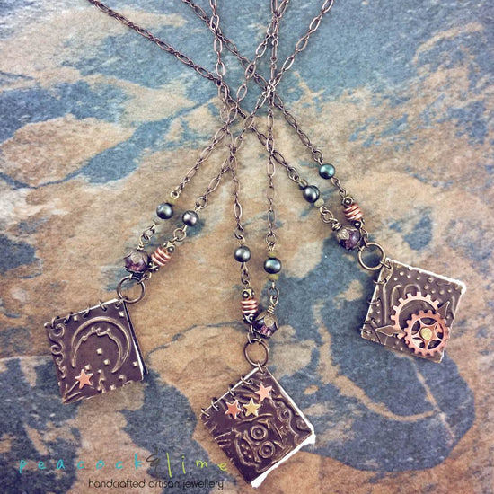 mini journal // blank book pendant necklace - moon & star, owl or gears - Peacock & Lime