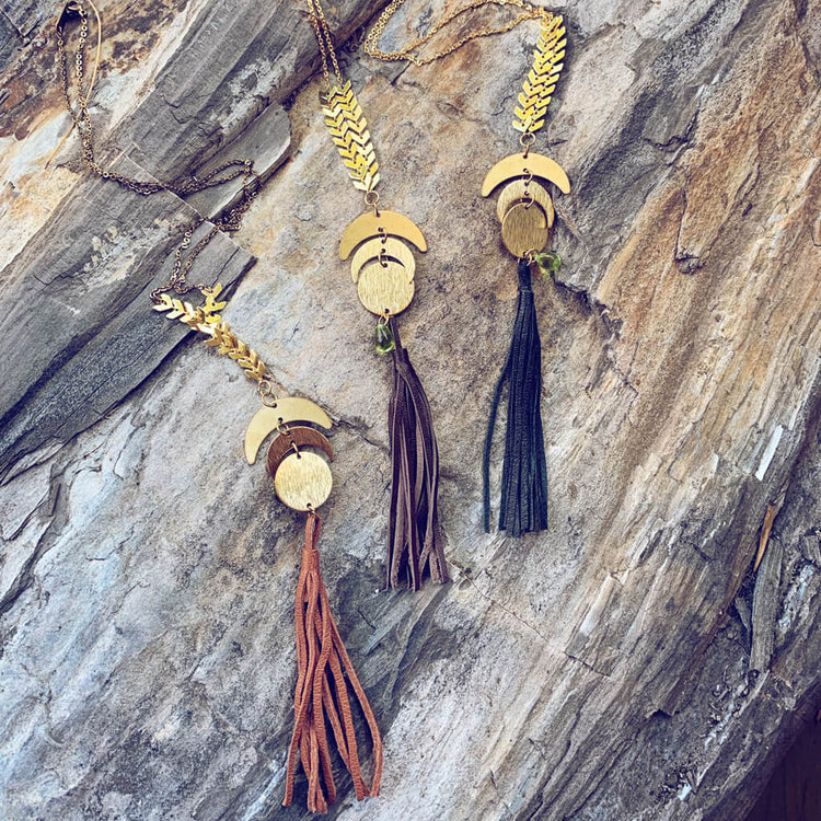 moon beam // moon phases, full moon, tassel & beach glass drop pendant necklace - Peacock & Lime