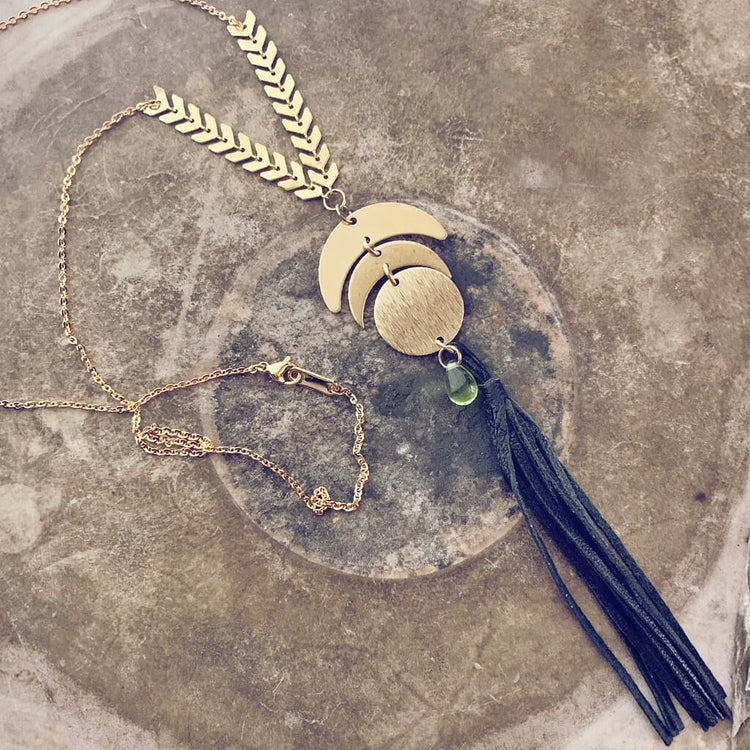 moon beam // moon phases, full moon, tassel & beach glass drop pendant necklace - Peacock & Lime
