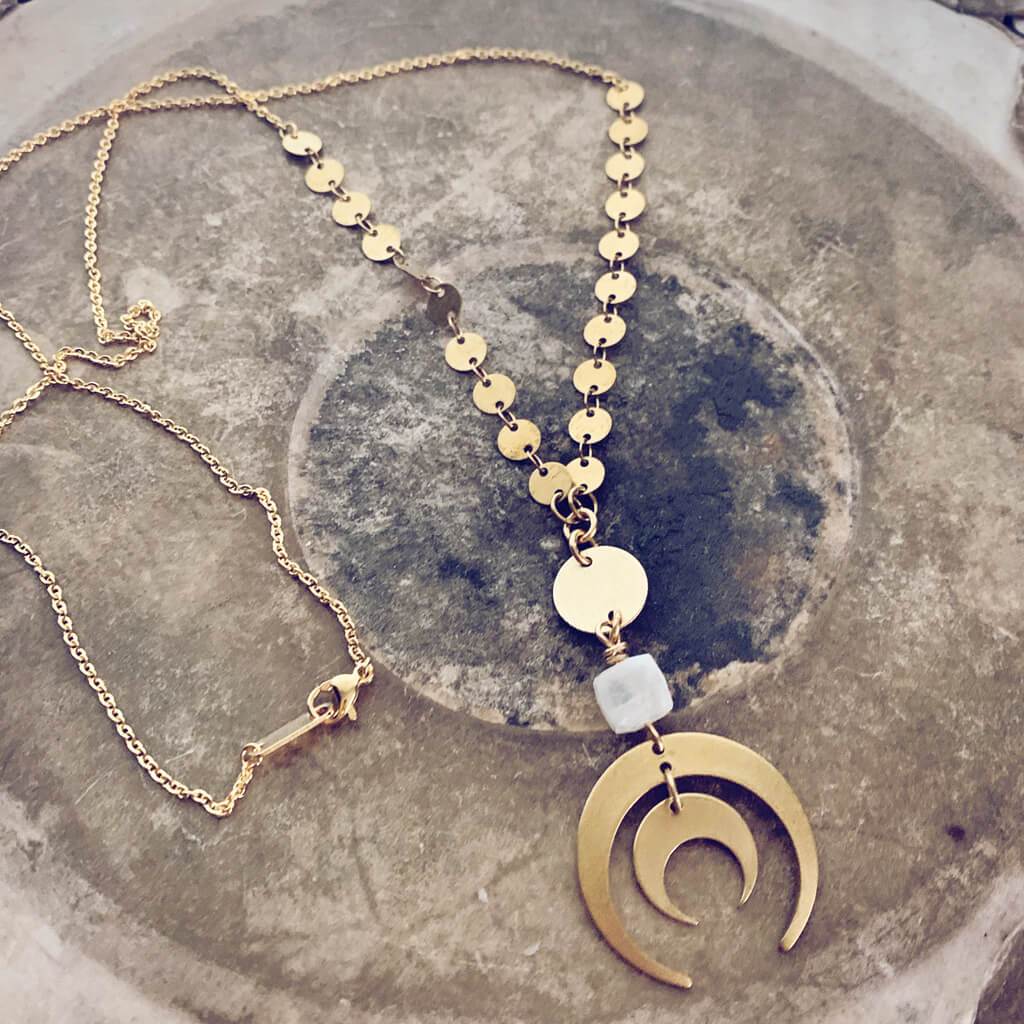 moon gazer // full moon, moonstone & crescent moons boho brass pendant necklace - Peacock & Lime