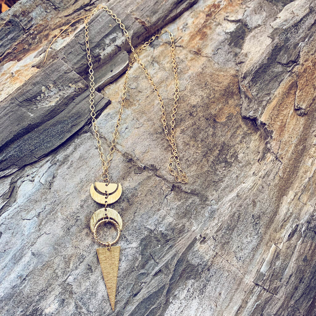 moon phases // half moon, waxing, waning crescent moons, new moon and long triangle pendant necklace - Peacock & Lime
