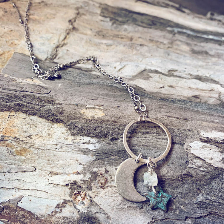moonlight - moonstone, star & crescent moon pendant necklace - Peacock & Lime