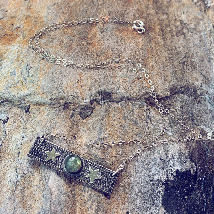 moonrock // sterling silver gemstone bar necklace - labradorite with sterling stars - Peacock & Lime , the original Peacock and Lime boho jewelry