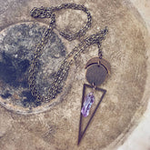night skygazer //  crescent moon, full moon, amethyst crystal and long triangle pendant necklace by Peacock and Lime