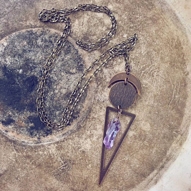 night skygazer //  crescent moon, full moon, amethyst crystal and long triangle pendant necklace by Peacock and Lime