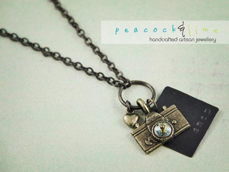 oh snap! camera photography necklace - Peacock & Lime