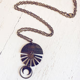 orbis // patina aged darkened sun, moon, sphere & crescent moon necklace - Peacock & Lime