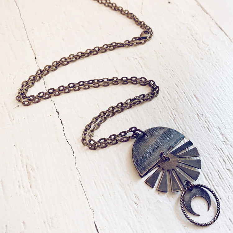 orbis // patina aged darkened sun, moon, sphere & crescent moon necklace - Peacock & Lime