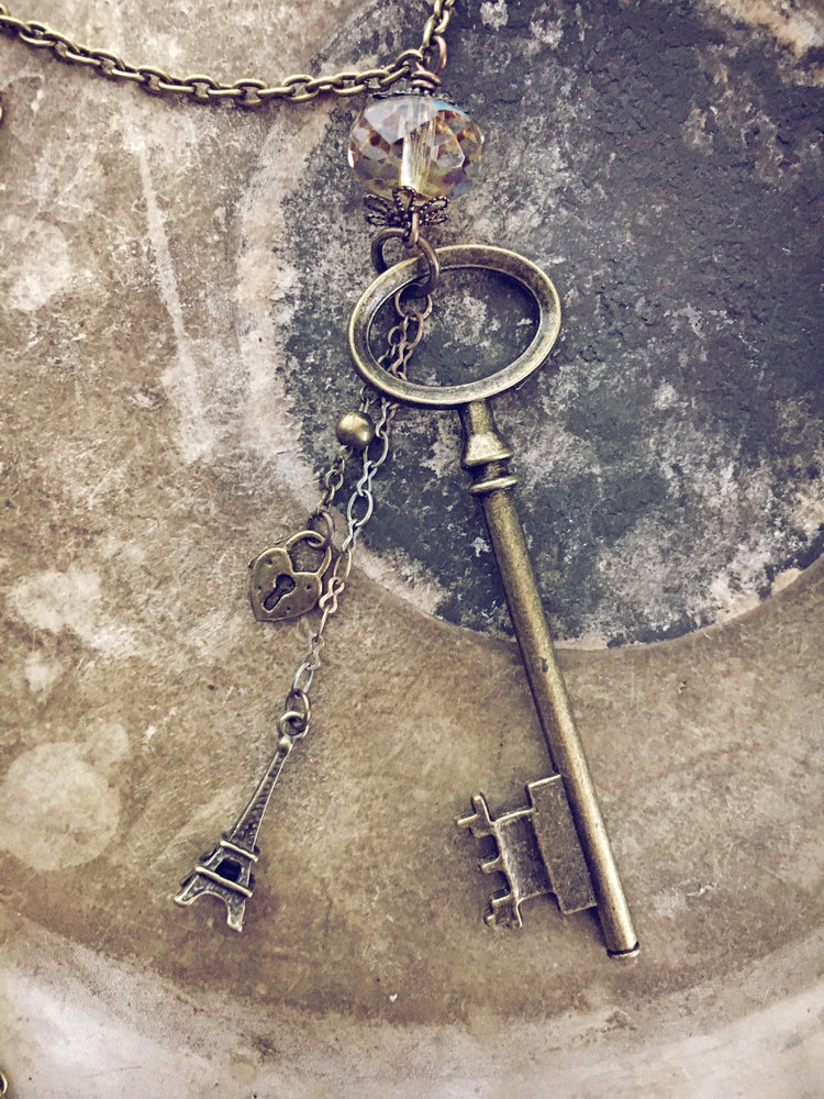 oval skeleton key & eiffel tower charm necklace - Peacock & Lime