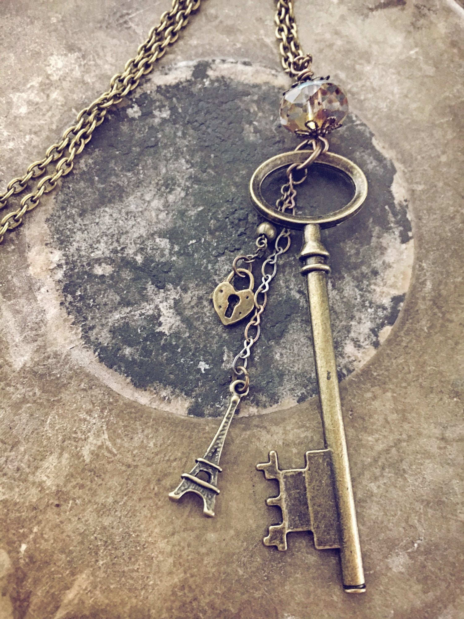 oval skeleton key & eiffel tower charm necklace - Peacock & Lime