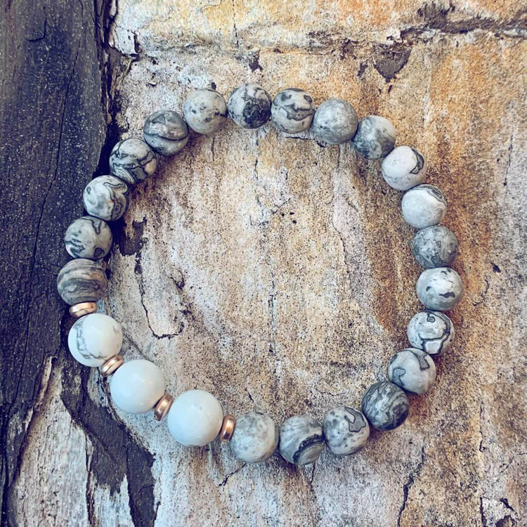 patience // howlite and picasso jasper mala bead bracelet - Peacock & Lime