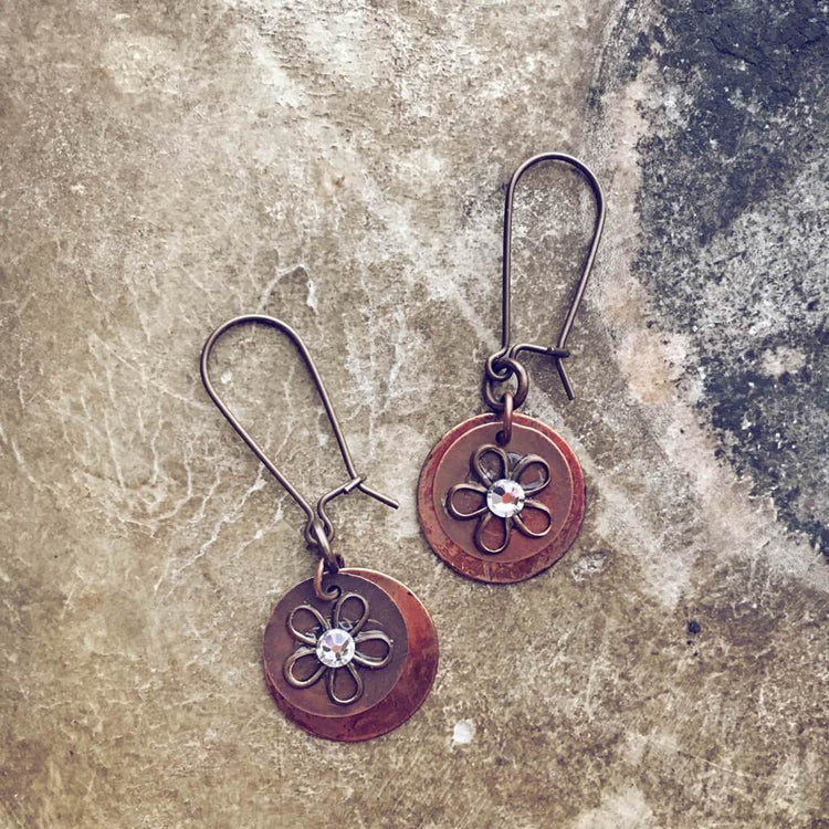 petal // flame kissed copper & swarovski flower earrings - Peacock & Lime