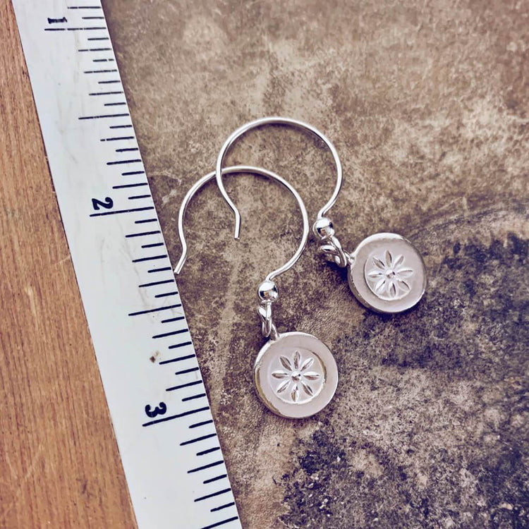 posy // baby boho fine silver and sterling pressed flower charm earrings - Peacock & Lime