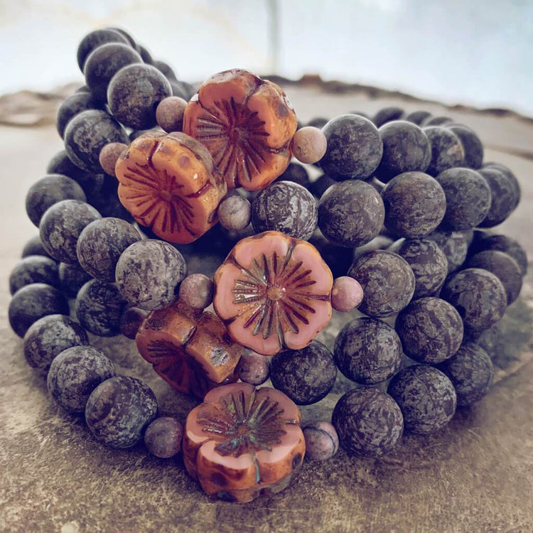 purity // beaded matte snowflake obsidian gemstone bracelet with hibiscus flower bead - Peacock & Lime