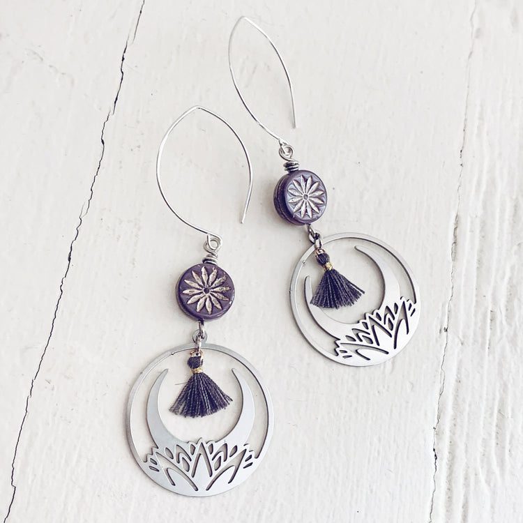 purple aster & lotus // czech glass bead with lotus flower hoop & tiny tassel stainless steel earrings by Peacock & Lime