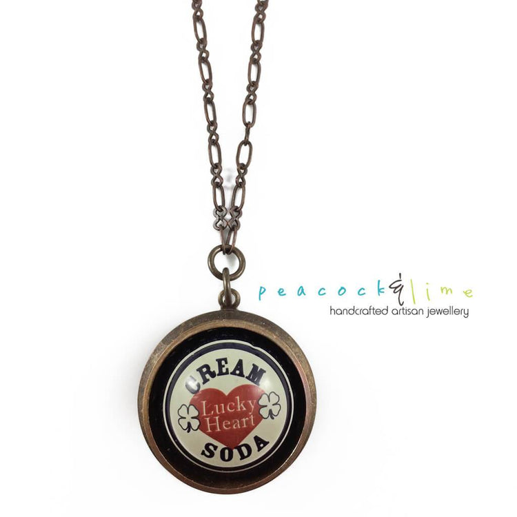 retro soda pop // vintage bottle cap and copper pipe pendant necklace - Lucky Heart - Peacock & Lime