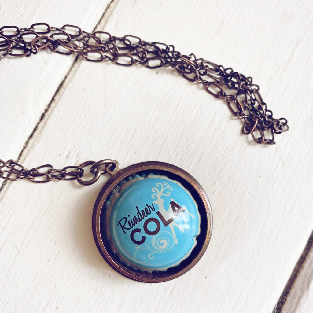 retro soda pop // vintage bottle cap and copper pipe pendant necklace - Reindeer Cola - Peacock & Lime