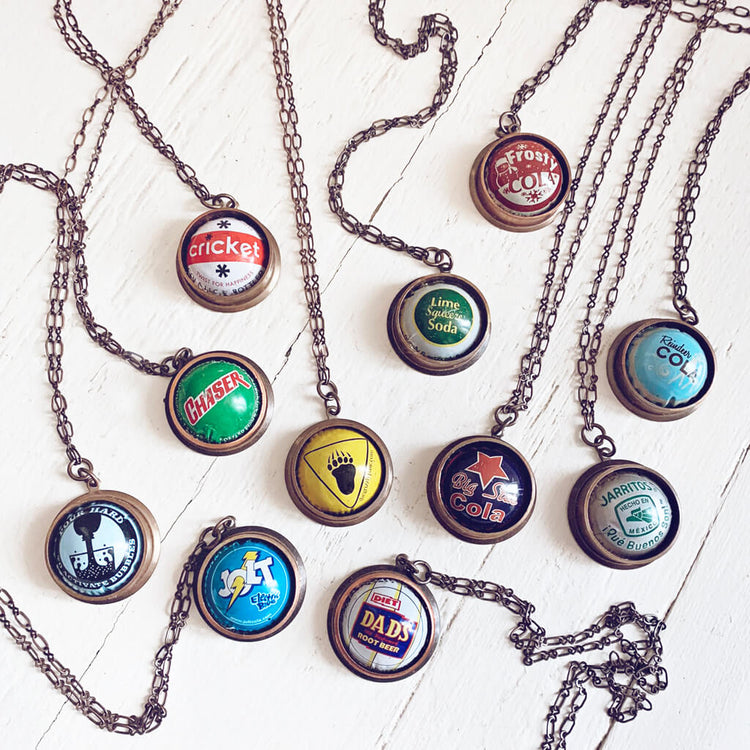 retro soda pop // vintage bottle cap and copper pipe pendant necklaces - Peacock & Lime