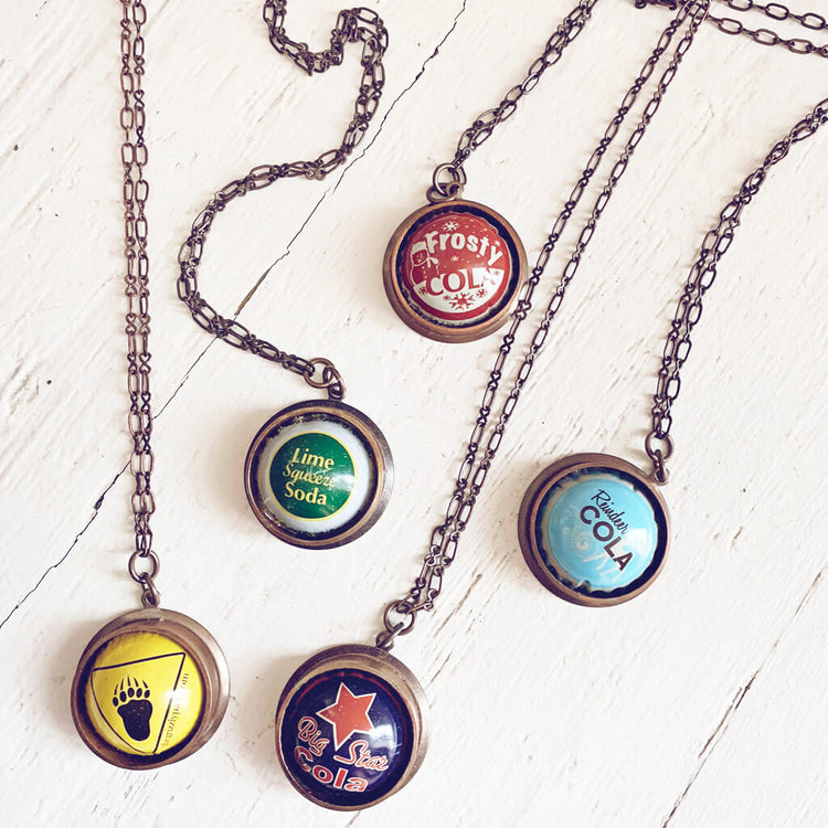 retro soda pop // vintage bottle cap and copper pipe pendant necklaces - Peacock & Lime