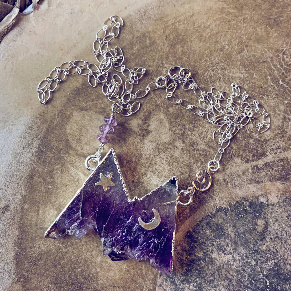 rocky mountain // silver electroformed amethyst slice mountain pendant necklace - Peacock and Lime