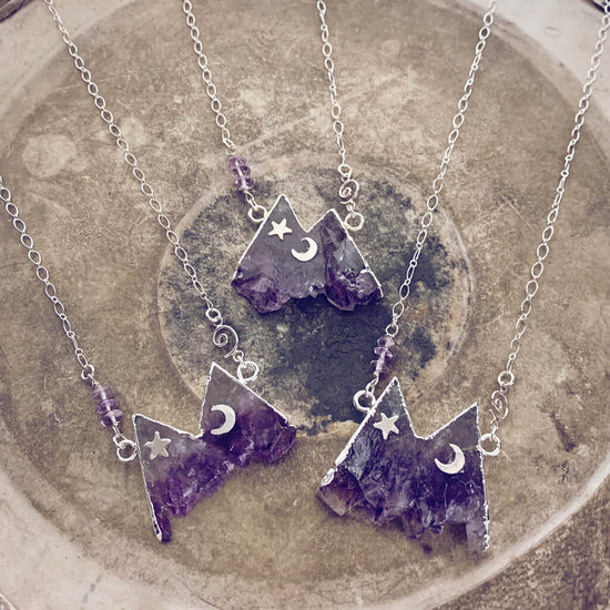 rocky mountain // silver electroformed amethyst slice mountain pendant necklaces - Peacock and Lime