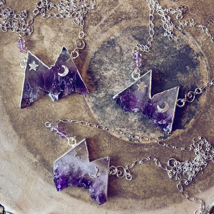 rocky mountain // silver electroformed amethyst slice mountain pendant necklaces - Peacock and Lime