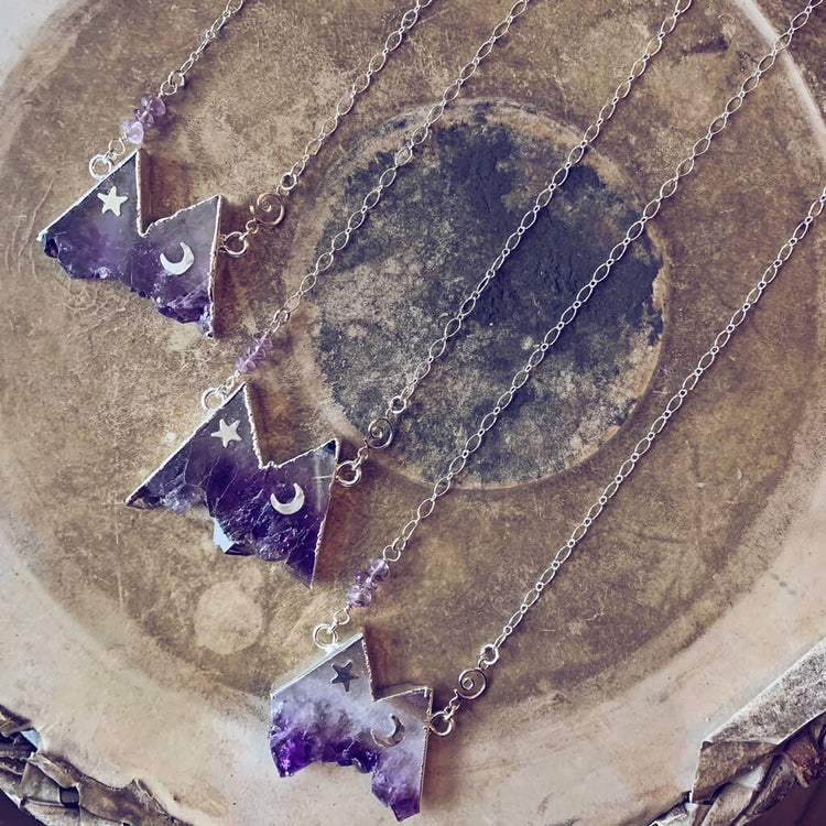rocky mountain // silver electroformed amethyst slice mountain pendant necklaces - Peacock and Lime