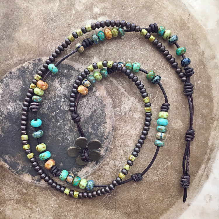 rustic daisy // boho beaded leather wrap bracelet or choker - Peacock & Lime