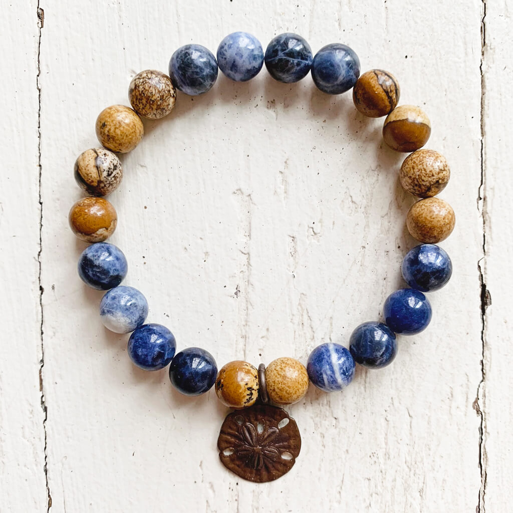 sand & sea // sodalite and picture jasper mala bead bracelet with