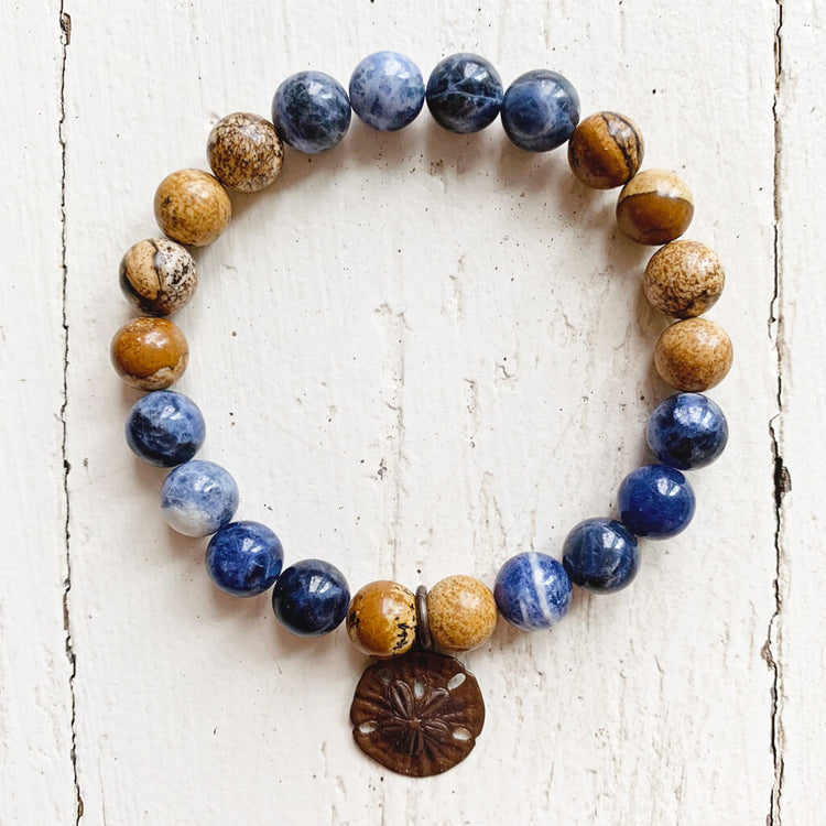 sand & sea // sodalite and picture jasper mala bead bracelet with sand dollar by Peacock & Lime
