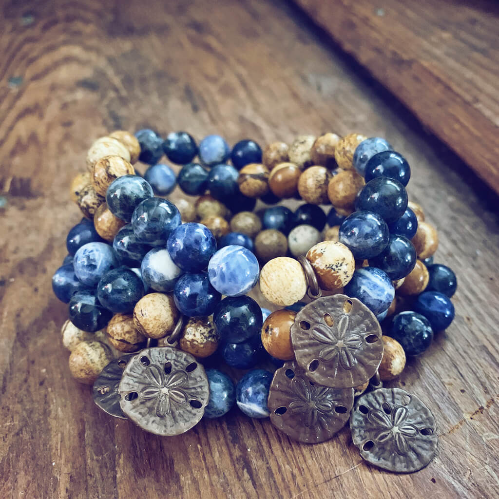 sand & sea // sodalite and picture jasper mala bead bracelet with