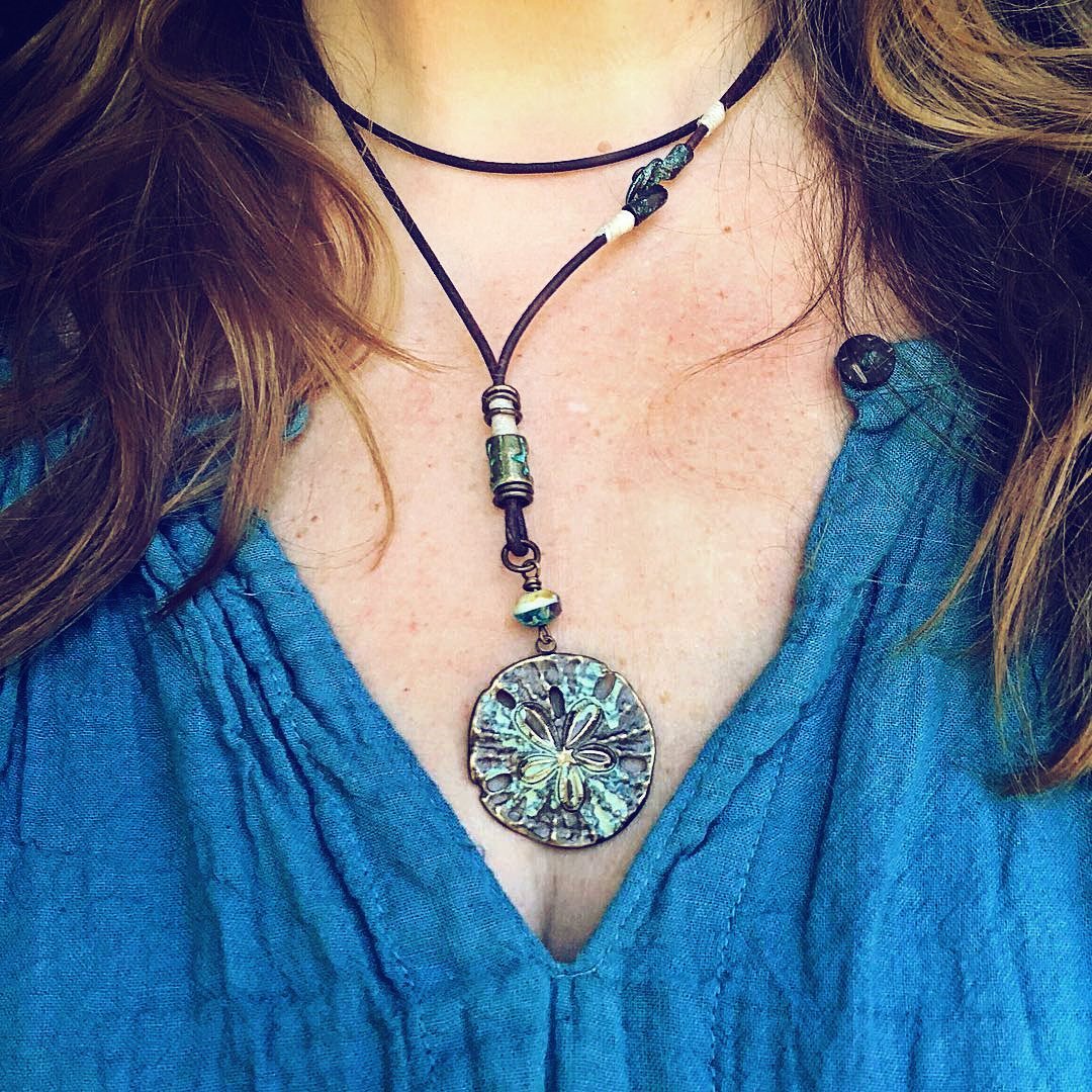 sand dollar boho beach style leather necklace - Peacock & Lime