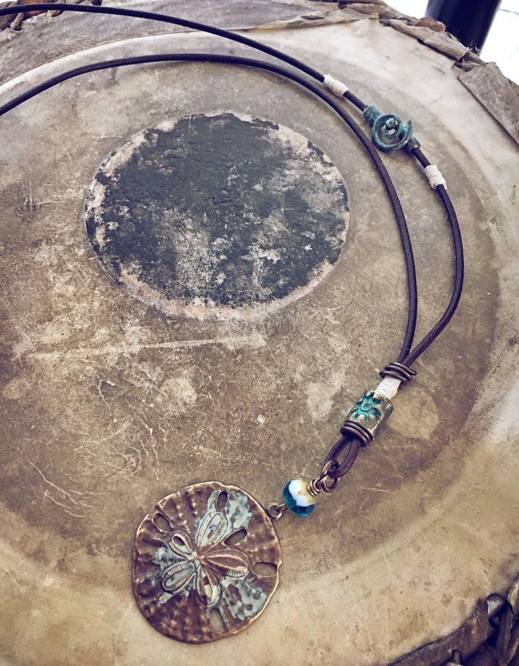 sand dollar boho beach style leather necklace - Peacock & Lime