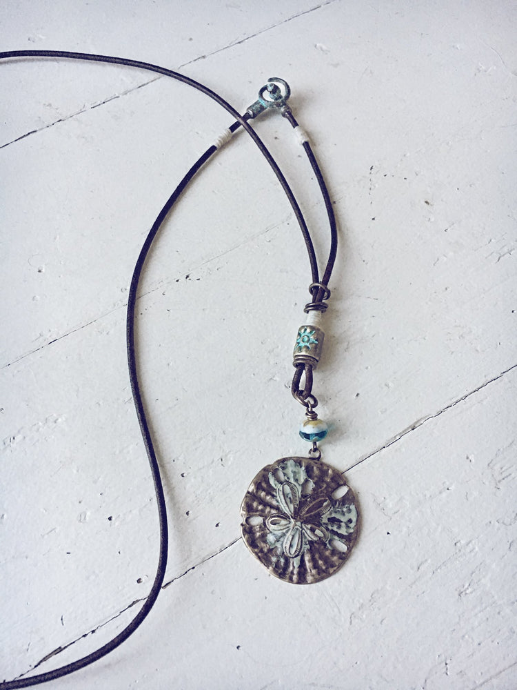 sand dollar boho beach style leather necklace - Peacock & Lime