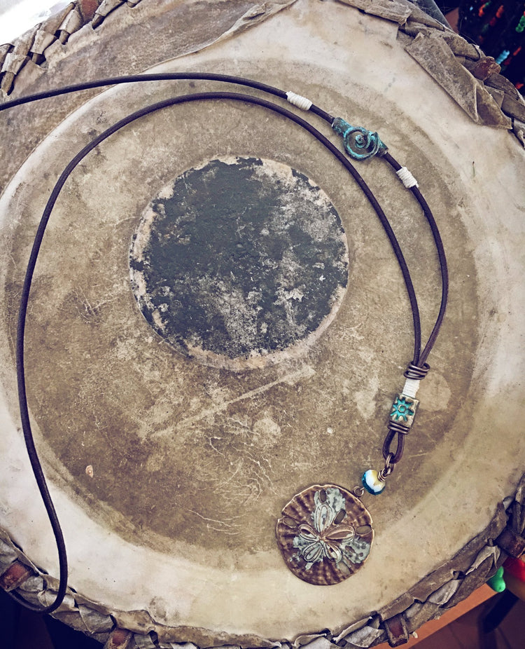 sand dollar boho beach style leather necklace - Peacock & Lime