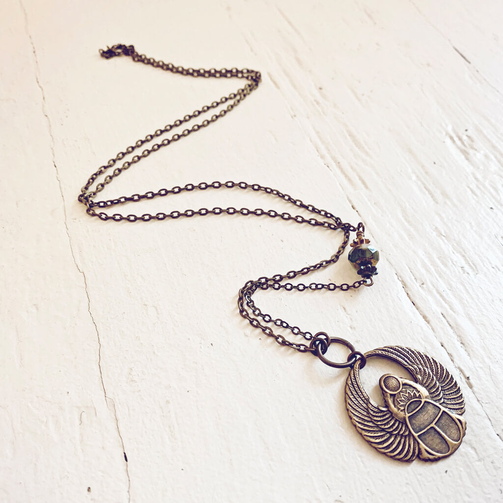scarab // antiqued brass winged beetle amulet necklace by Peacock and Lime