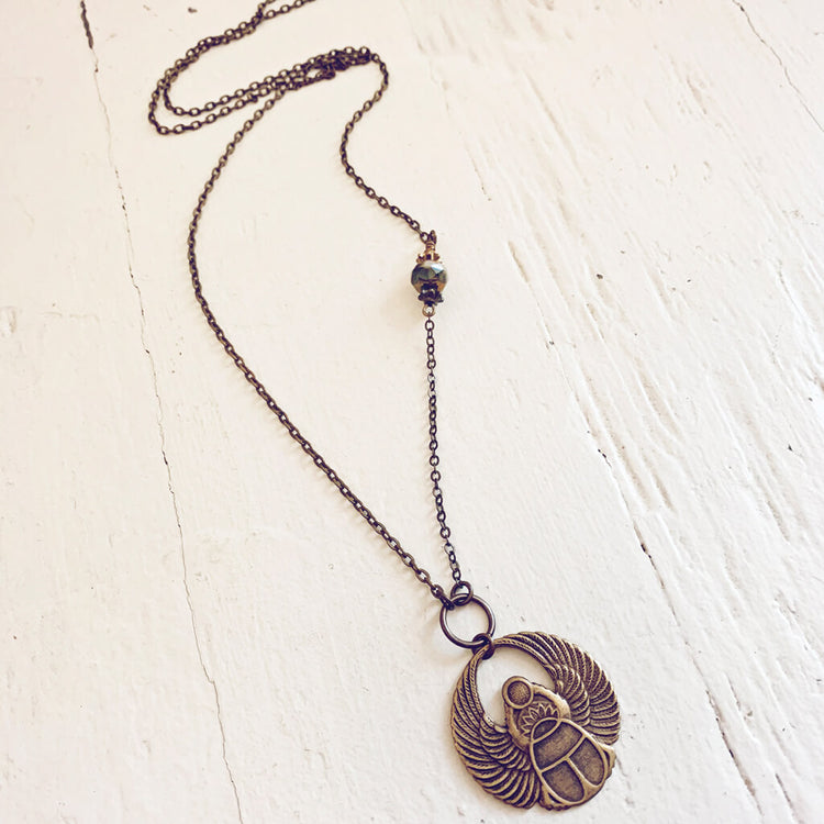 scarab // antiqued brass winged beetle amulet necklace by Peacock and Lime