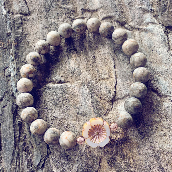 serenity // fossil jasper with light pink hibiscus flower bead mala bracelet - Peacock & Lime