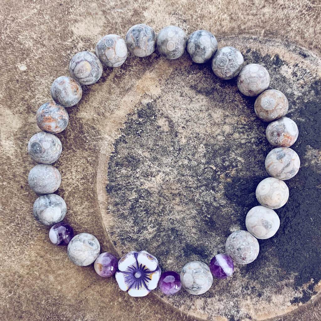 serenity // fossil jasper with purple & white hibiscus flower bead mala bracelet - Peacock & Lime