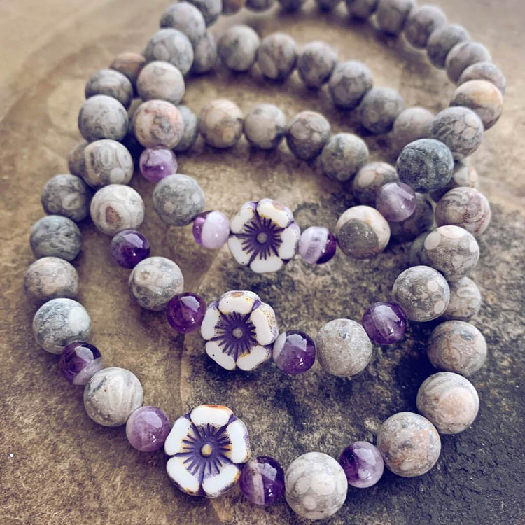 serenity // fossil jasper with purple & white hibiscus flower bead mala bracelet - Peacock & Lime